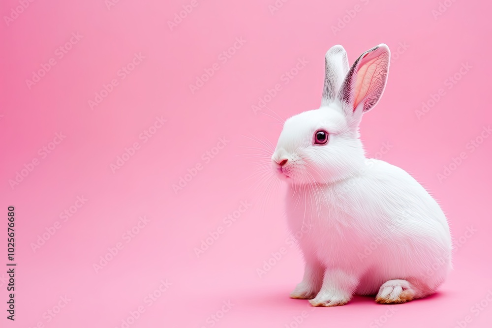 A White Rabbit with Pink Ears Sitting on a Pink Background A White Rabbit with Pink Ears Sitting on a Pink Background