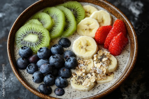 A colorful bowl of yogurt topped with assorted fruits and granola.