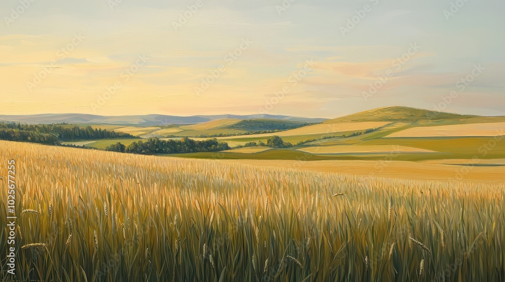 Golden Barley Fields with Distant Hills at Sunset Golden Barley Fields with Distant Hills at Sunset