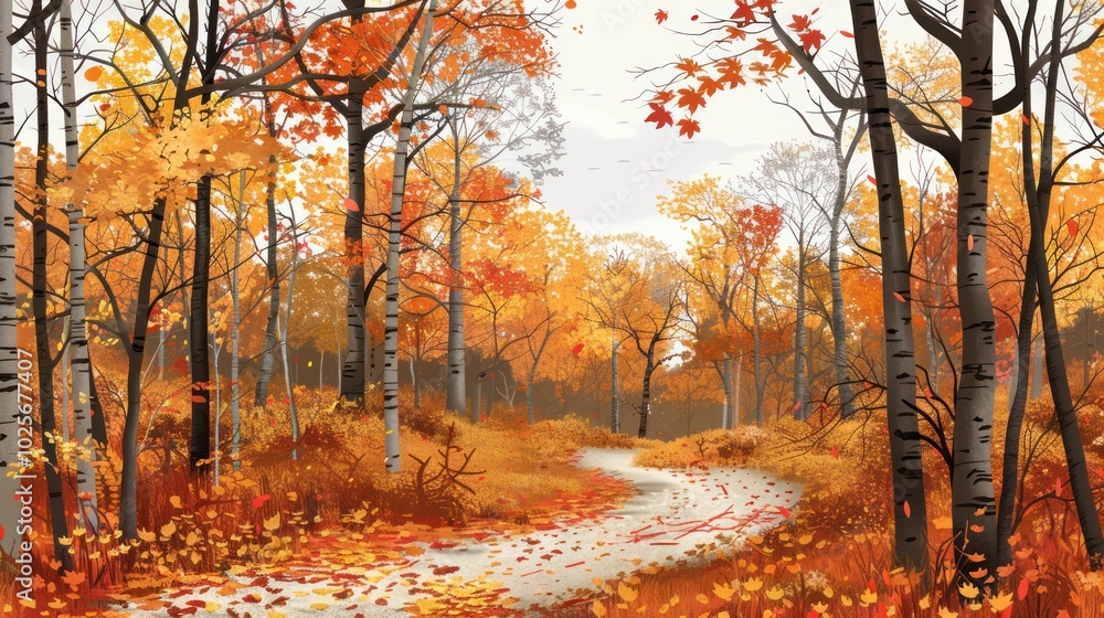 Obraz premium A Winding Path Through a Forest of Vibrant Autumn Colors