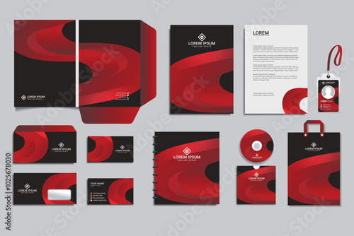 Vector branding identity stationery Mockup set with warm trendy colors and abstract design. Business templates set includes folder, catalogue cover, CD, notebook, brochure, envelope, corporate letter