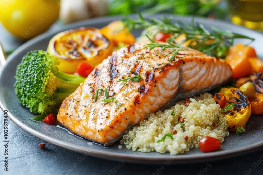 A delicious plate featuring grilled salmon, quinoa, and vegetables. A delicious plate featuring grilled salmon, quinoa, and vegetables.