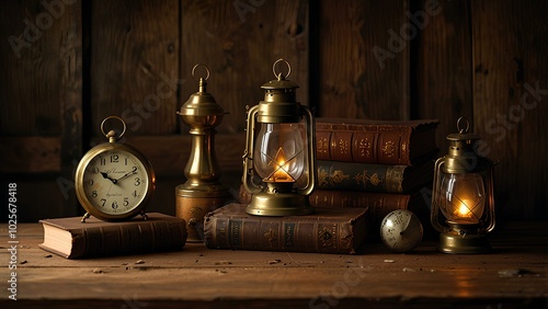 Still Life with Vintage Brass Clock, Old Book, and Lantern on Rustic Wooden Table photo