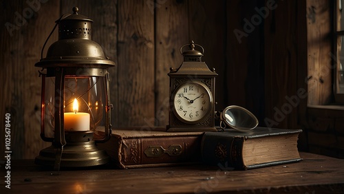 Still Life with Vintage Brass Clock, Old Book, and Lantern on Rustic Wooden Table photo