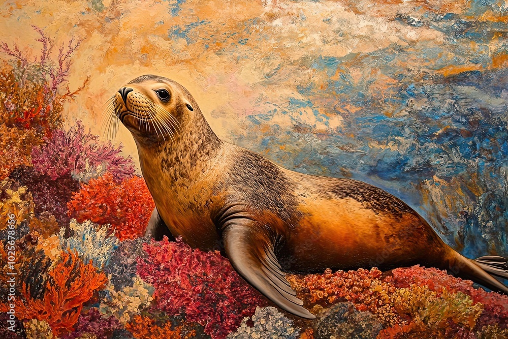 Fototapeta premium A Sea Lion Resting Amidst Vibrant Coral Reefs
