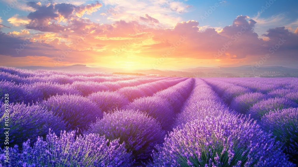 Lavender Field in Full Bloom at Sunset Lavender Field in Full Bloom at Sunset