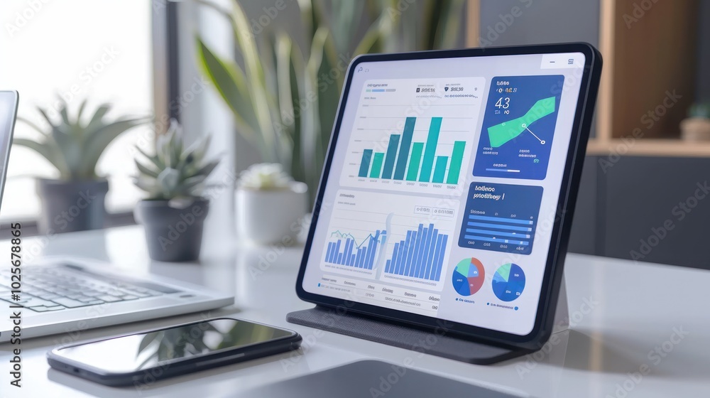 Tablet Displaying Business Analytics and Charts on a White Desk Tablet Displaying Business Analytics and Charts on a White Desk