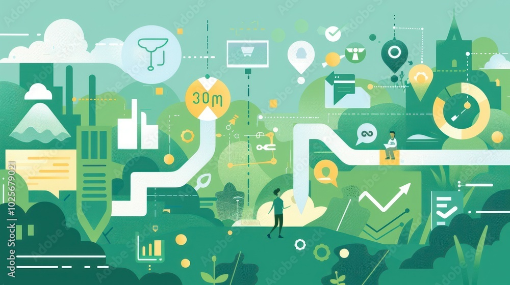 Abstract Illustration of a Person Navigating a Winding Path Through a Green Landscape with Various Icons and Symbols Abstract Illustration of a Person Navigating a Winding Path Through a Green Landscape with Various Icons and Symbols