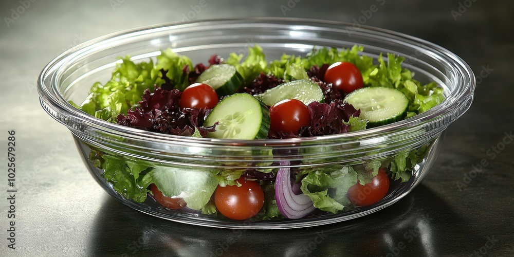 A fresh salad with lettuce, cherry tomatoes, cucumbers, and onions in a clear bowl. A fresh salad with lettuce, cherry tomatoes, cucumbers, and onions in a clear bowl.