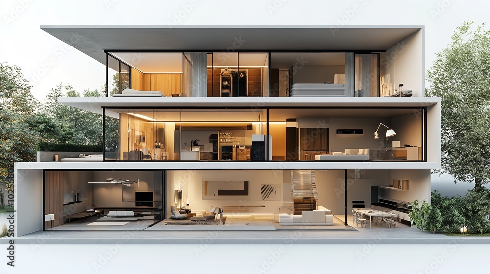 Modern minimal house in a 3D rendering, with clean and simple design elements, set against a white background. Modern minimal house in a 3D rendering, with clean and simple design elements, set against a white background.