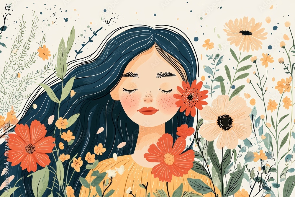 A serene young woman with long dark hair surrounded by colorful flowers in a peaceful garden setting during a sunny day A serene young woman with long dark hair surrounded by colorful flowers in a peaceful garden setting during a sunny day