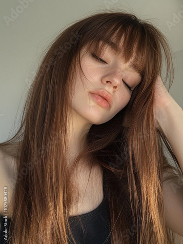 selfie of a woman with long, straight brown hair, bangs, in a bright room. 