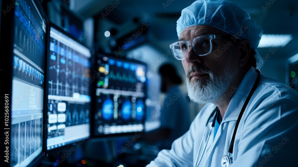 healthcare provider monitors multiple screens in high tech environment, showcasing importance of cybersecurity in modern medical practices. focus on technology highlights critical role of data healthcare provider monitors multiple screens in high tech environment, showcasing importance of cybersecurity in modern medical practices. focus on technology highlights critical role of data
