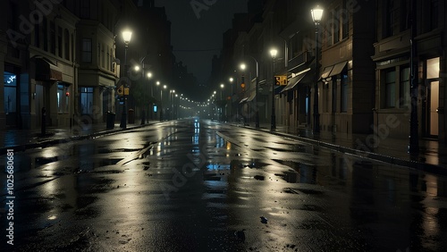 Moody Urban Nightscape: Wet Pavement Reflecting Streetlights on a Quiet City Street photo