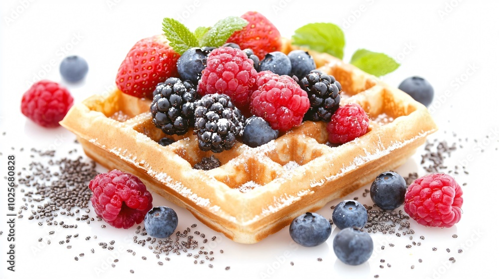 Gluten-free waffles with coconut yogurt and mixed berries, isolated on a white background with decorative coconut flakes and chia seeds Gluten-free waffles with coconut yogurt and mixed berries, isolated on a white background with decorative coconut flakes and chia seeds