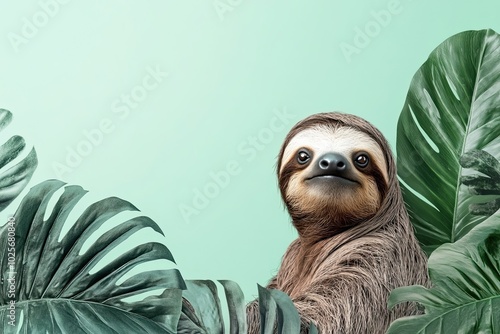 A Sloth Posing Against a Green Background With Tropical Leaves photo