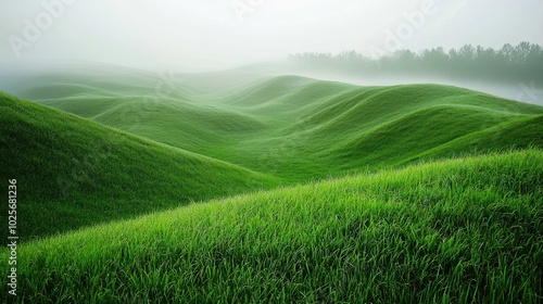 Lush Green Rolling Hills in Misty Morning Light