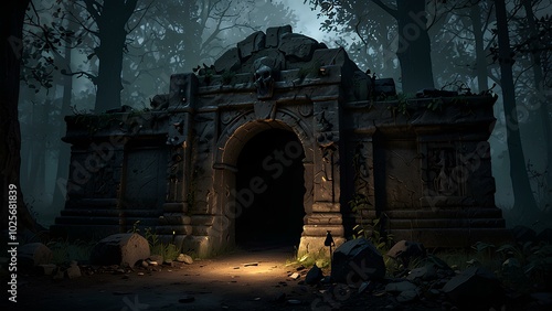 Ancient Crypt Hidden in a Shadowy Forest with Haunting Ghouls and Dark Architecture photo