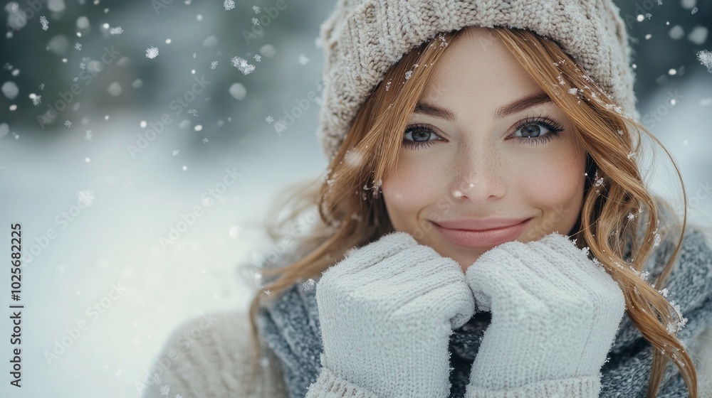 A woman wearing a white hat and gloves is smiling in the snow A woman wearing a white hat and gloves is smiling in the snow