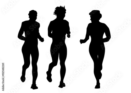 Young athletes run a marathon. Isolated silhouettes on white background