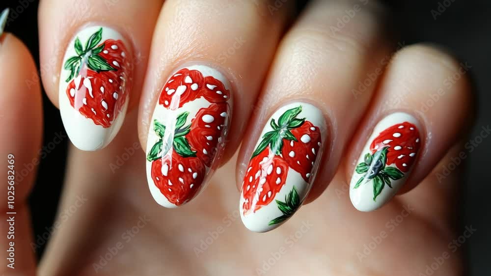 A close-up shot of a hand with painted nails featuring a strawberry design A close-up shot of a hand with painted nails featuring a strawberry design