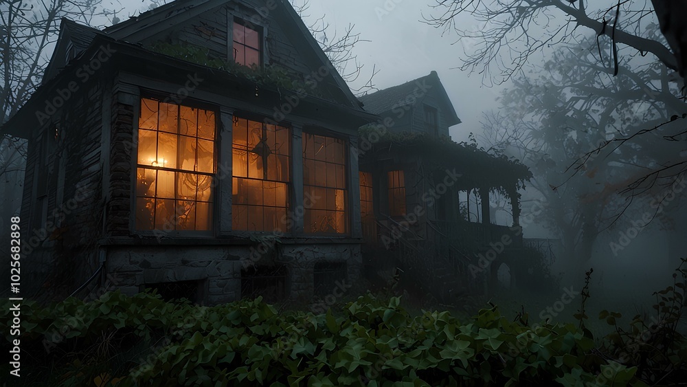 Haunted House with Ghostly Silhouettes – A Spooky Scene of Paranormal Mystery Haunted House with Ghostly Silhouettes – A Spooky Scene of Paranormal Mystery