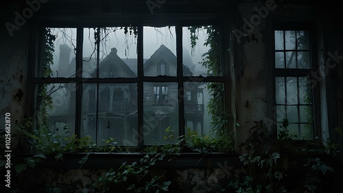 Haunted House with Ghostly Silhouettes – A Spooky Scene of Paranormal Mystery photo