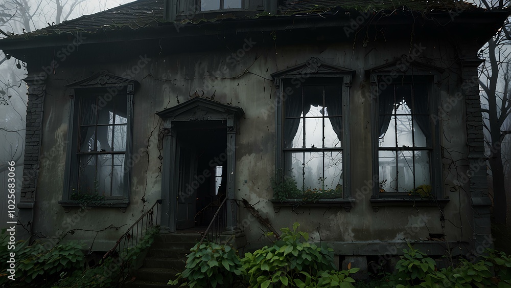 Haunted House with Ghostly Silhouettes – A Spooky Scene of Paranormal Mystery Haunted House with Ghostly Silhouettes – A Spooky Scene of Paranormal Mystery