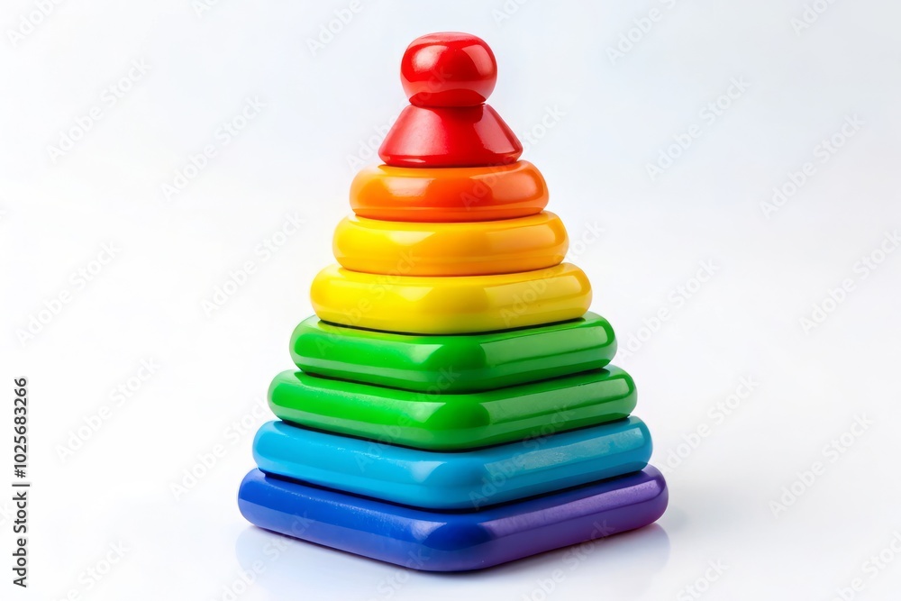Vibrant Aerial View of Children's Multicolored Pyramid Toy on White Background for Playful Childhood Learning Concepts Vibrant Aerial View of Children's Multicolored Pyramid Toy on White Background for Playful Childhood Learning Concepts