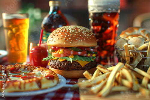 Delicious burger with fries and beer on a wooden tray