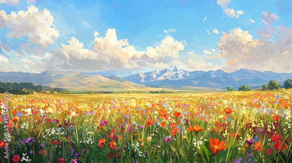 Obraz premium Vibrant Prairie with Wildflowers under Blue Sky