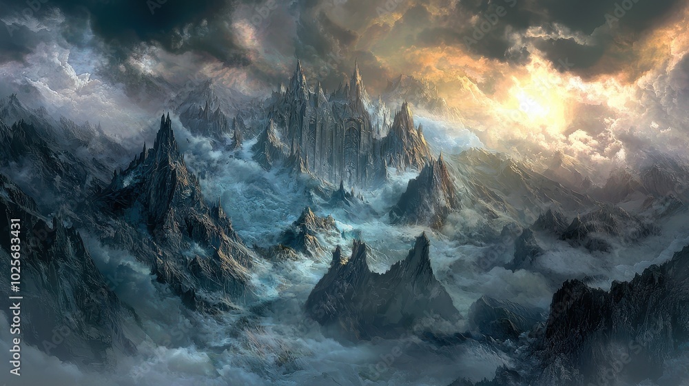 Panoramic View of Jagged Mountain Cliffs at Dusk Panoramic View of Jagged Mountain Cliffs at Dusk
