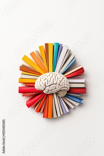 A brain surrounded by a rainbow of books, symbolizing the diversity and richness of learning experiences.