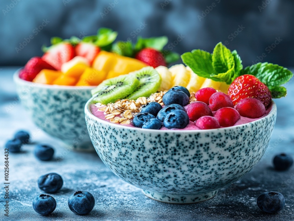 A vibrant display of smoothie bowls topped with fresh fruits and granola. A vibrant display of smoothie bowls topped with fresh fruits and granola.
