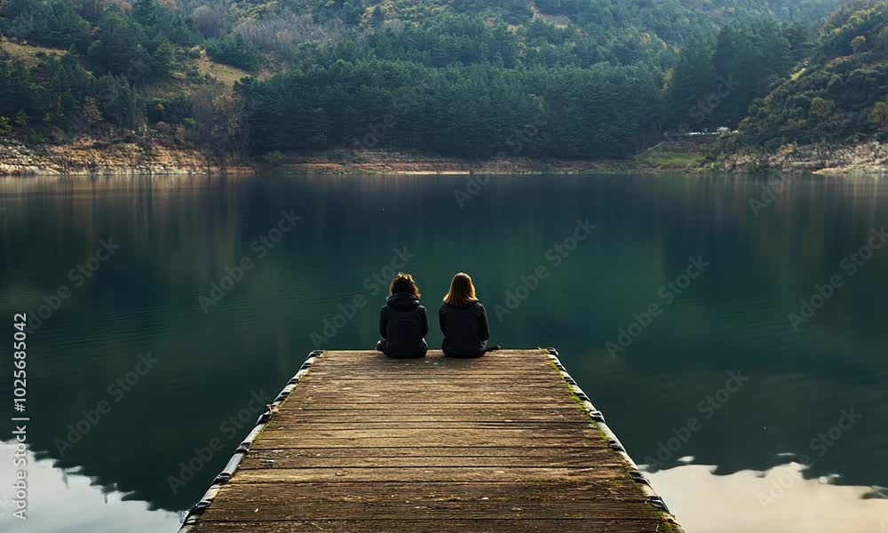 Two People Sitting on a Pier by the Lake Two People Sitting on a Pier by the Lake