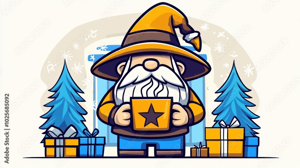 Cheerful Gnome with Holiday Gifts and Decorations Cheerful Gnome with Holiday Gifts and Decorations