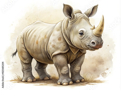 Vintage Style Illustration of a Little Rhino on White Background - Cute Animal Art for Kids Decor