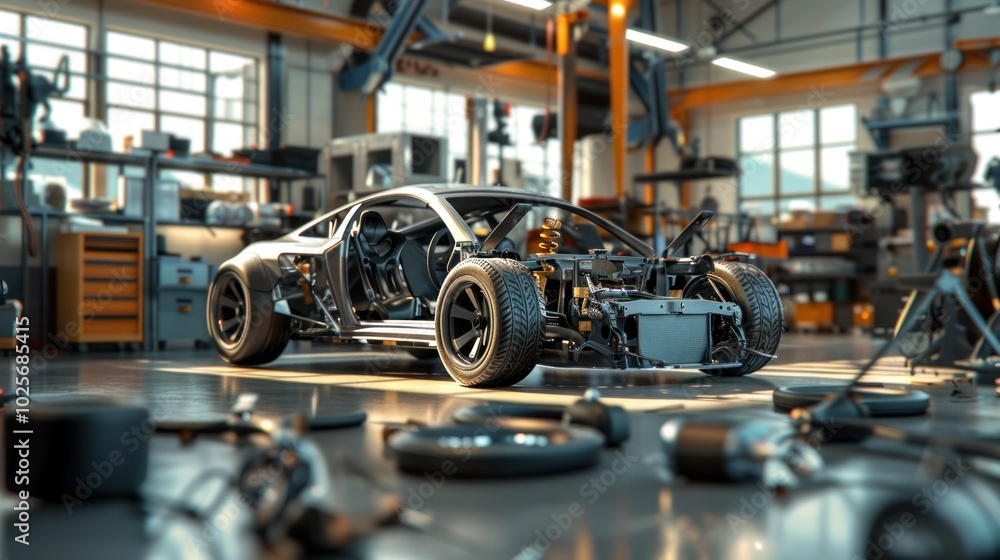 Fototapeta premium A Partially Assembled Sports Car in a Garage Workshop