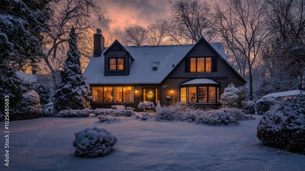 A cozy suburban house with dark chocolate tones sits serenely on an ample lot, bathed in the warm winter evening hues, A cozy suburban house with dark chocolate tones sits serenely on an ample lot, bathed in the warm winter evening hues,