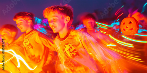 Boys dancing wildly at a Halloween party, captured with long exposure light trails 