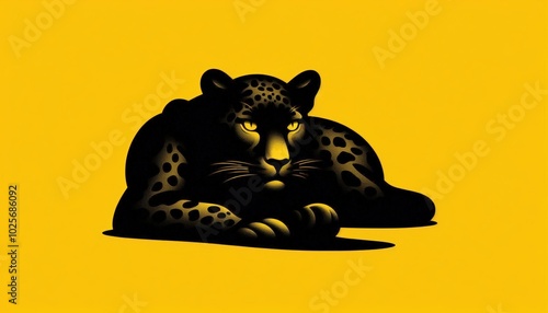 black leopard laying down on a bright yellow background, creating a striking contrast between the two colors. The leopard's fur is a deep black, and its eyes are a piercing yellow photo