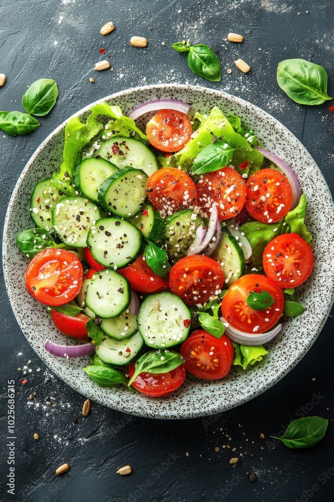 A vibrant salad featuring fresh tomatoes, cucumbers, and greens, ideal for healthy eating. A vibrant salad featuring fresh tomatoes, cucumbers, and greens, ideal for healthy eating.