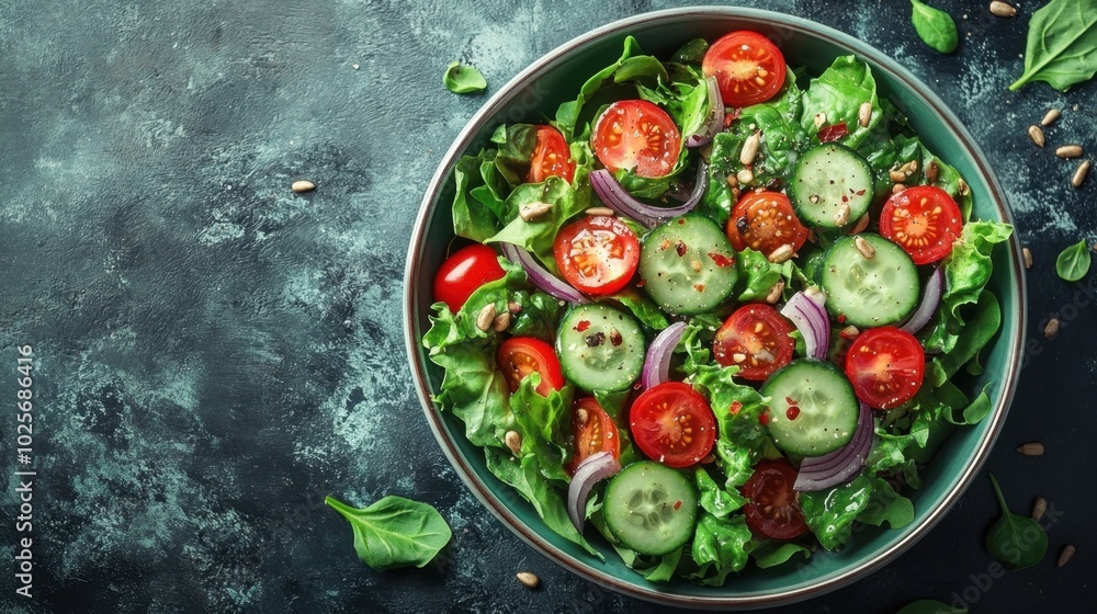 A vibrant salad featuring lettuce, tomatoes, cucumbers, and onions, garnished with seeds. A vibrant salad featuring lettuce, tomatoes, cucumbers, and onions, garnished with seeds.