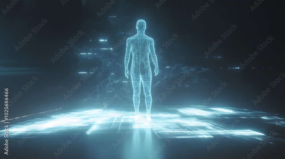 7. A hologram of a human figure standing in a meditative pose, emitting soft glows 7. A hologram of a human figure standing in a meditative pose, emitting soft glows
