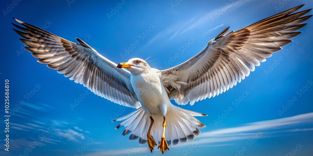 Obraz premium Majestic Bird Flapping Its Wings in Mid-Flight Against a Clear Blue Sky During the Daytime