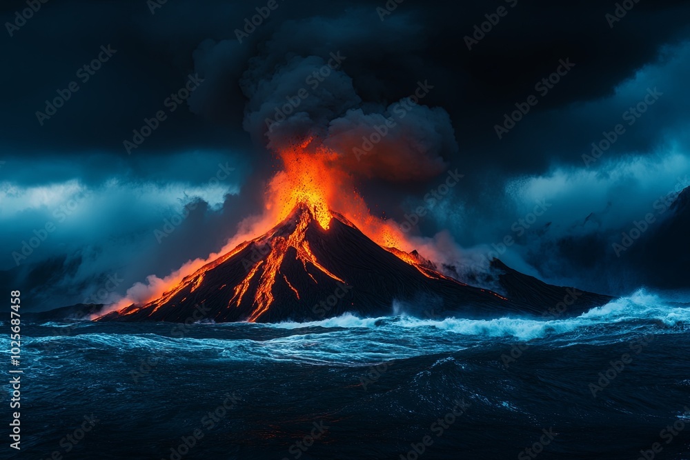 Fototapeta premium Erupting volcano against a stormy ocean backdrop