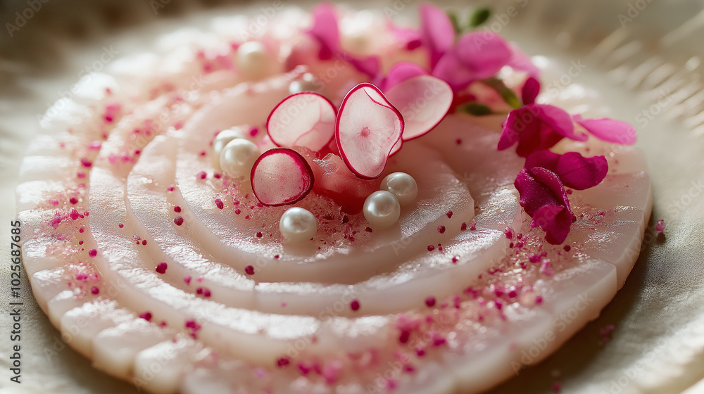Sliced fish served in a spiral, adorned with edible pearls and thinly sliced radishes for a modern twist Sliced fish served in a spiral, adorned with edible pearls and thinly sliced radishes for a modern twist
