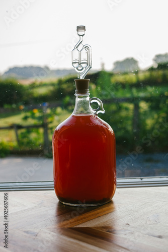 Canvas Print Homemade Wine in a carboy with airlock