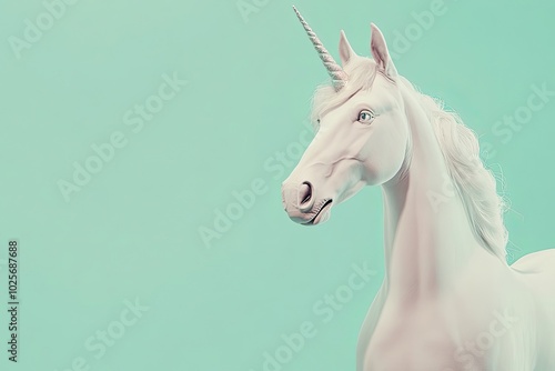 White Unicorn with Sparkling Horn Against a Mint Green Background