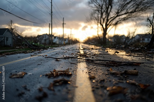 Aftermath of a storm on a deserted road at sunset photo